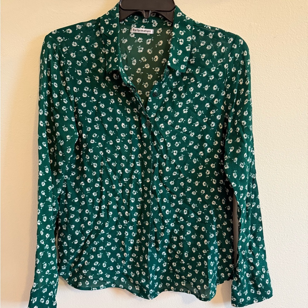 Reformation Green Floral Blouse